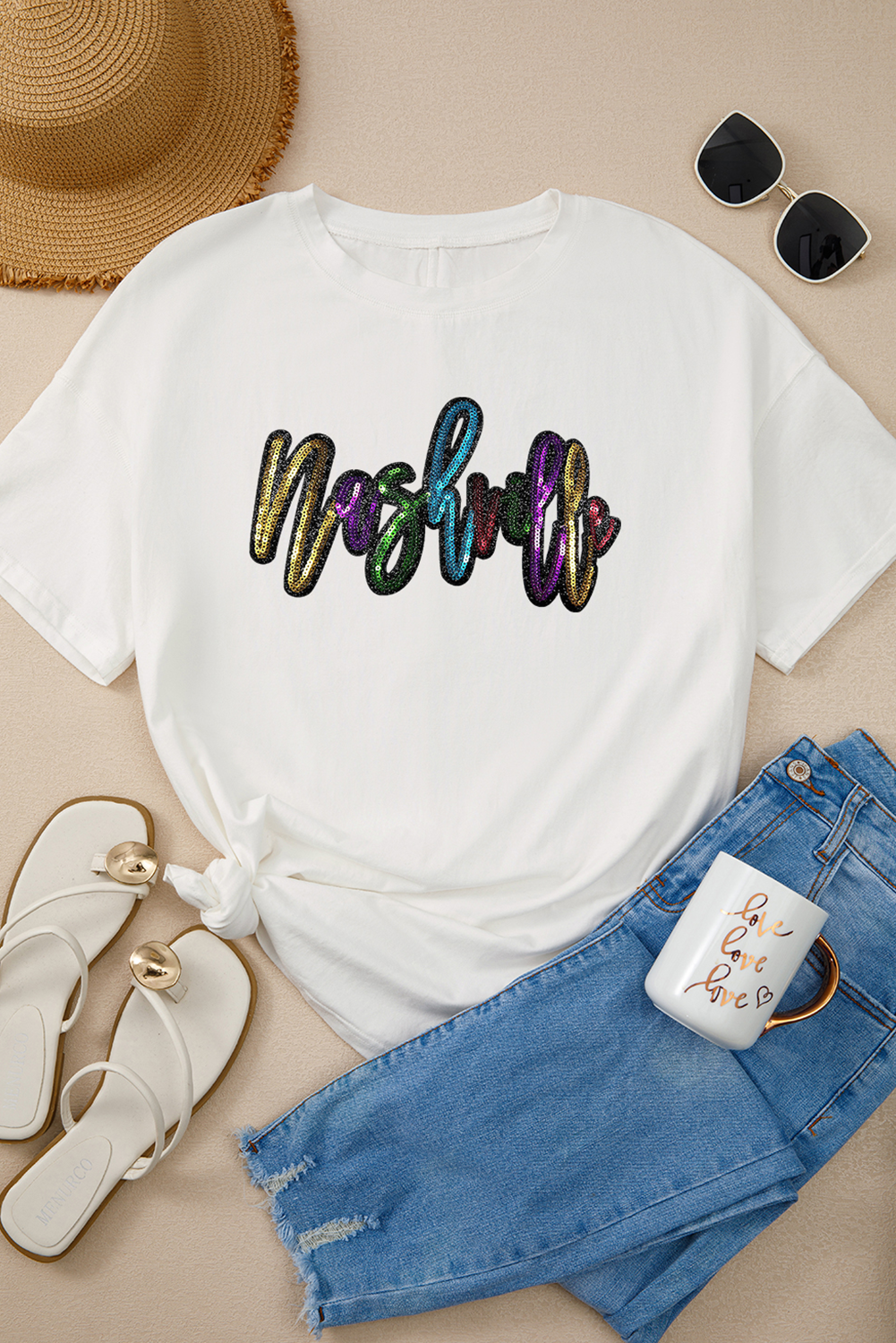 White Colorful Sequin nashville Letter Graphic Tunic Tee