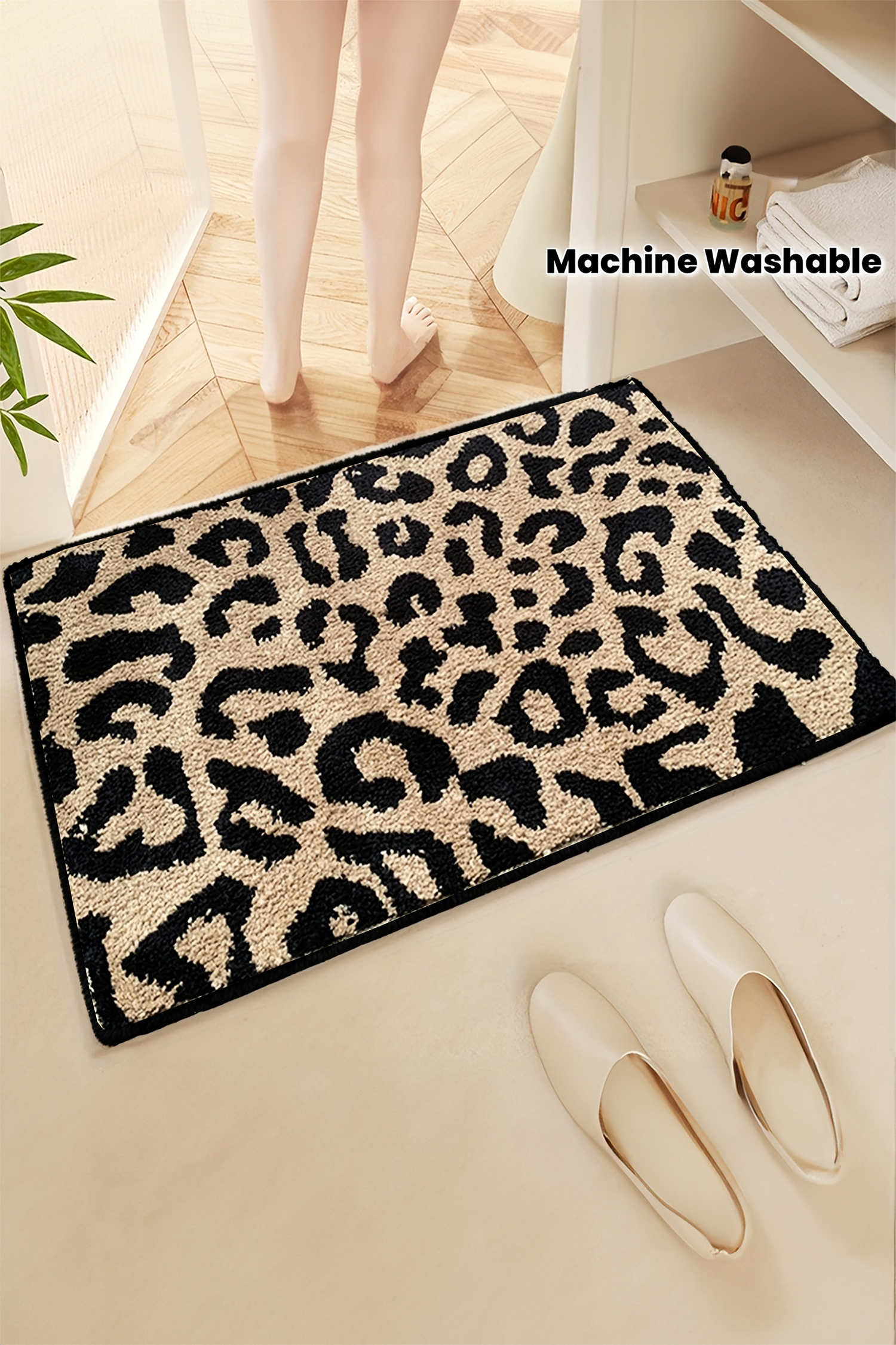 Light French Beige Leopard Faux Cashmere Wool Spinning Entrance Mat