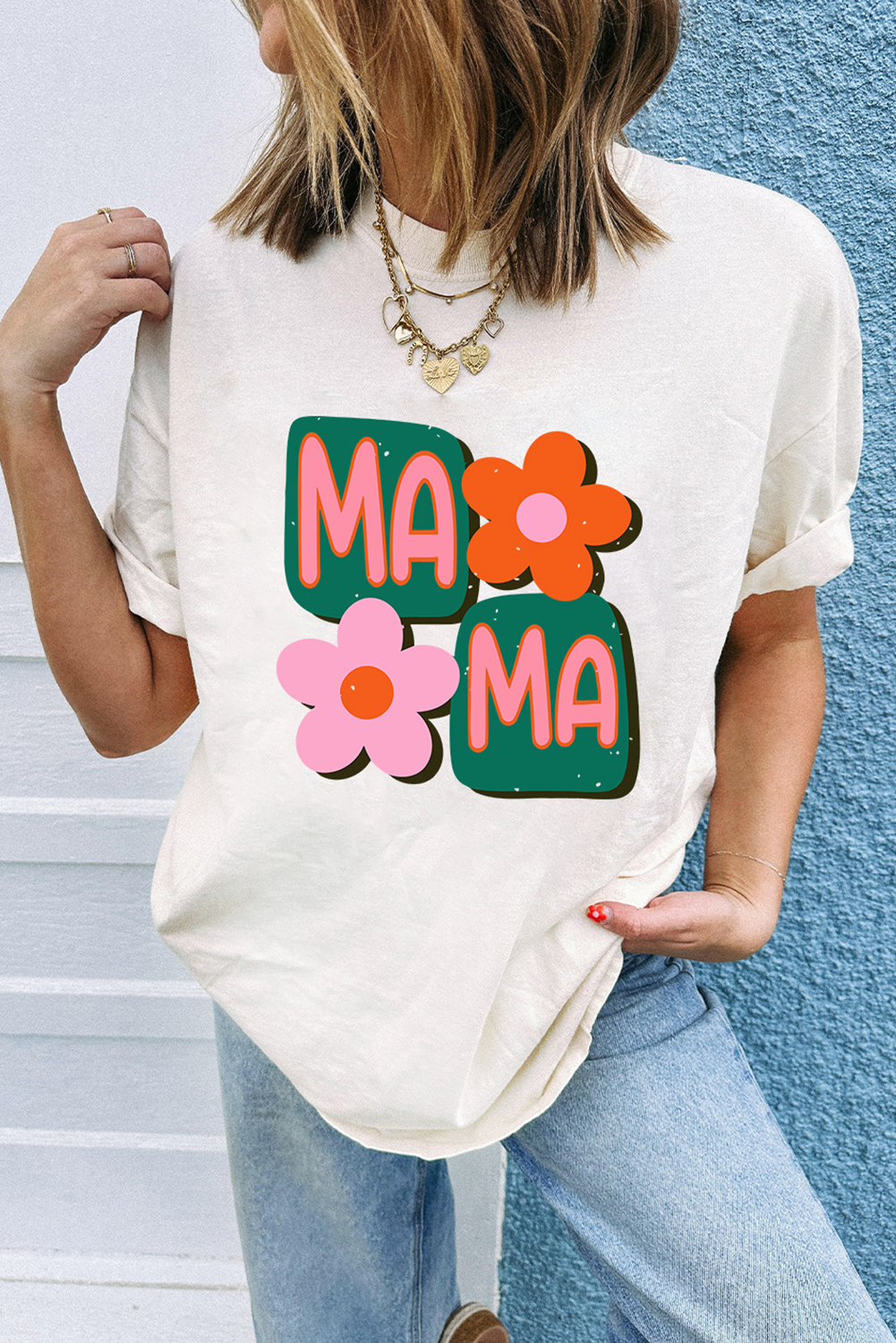 White MAMA Flower Graphic Crewneck Tee
