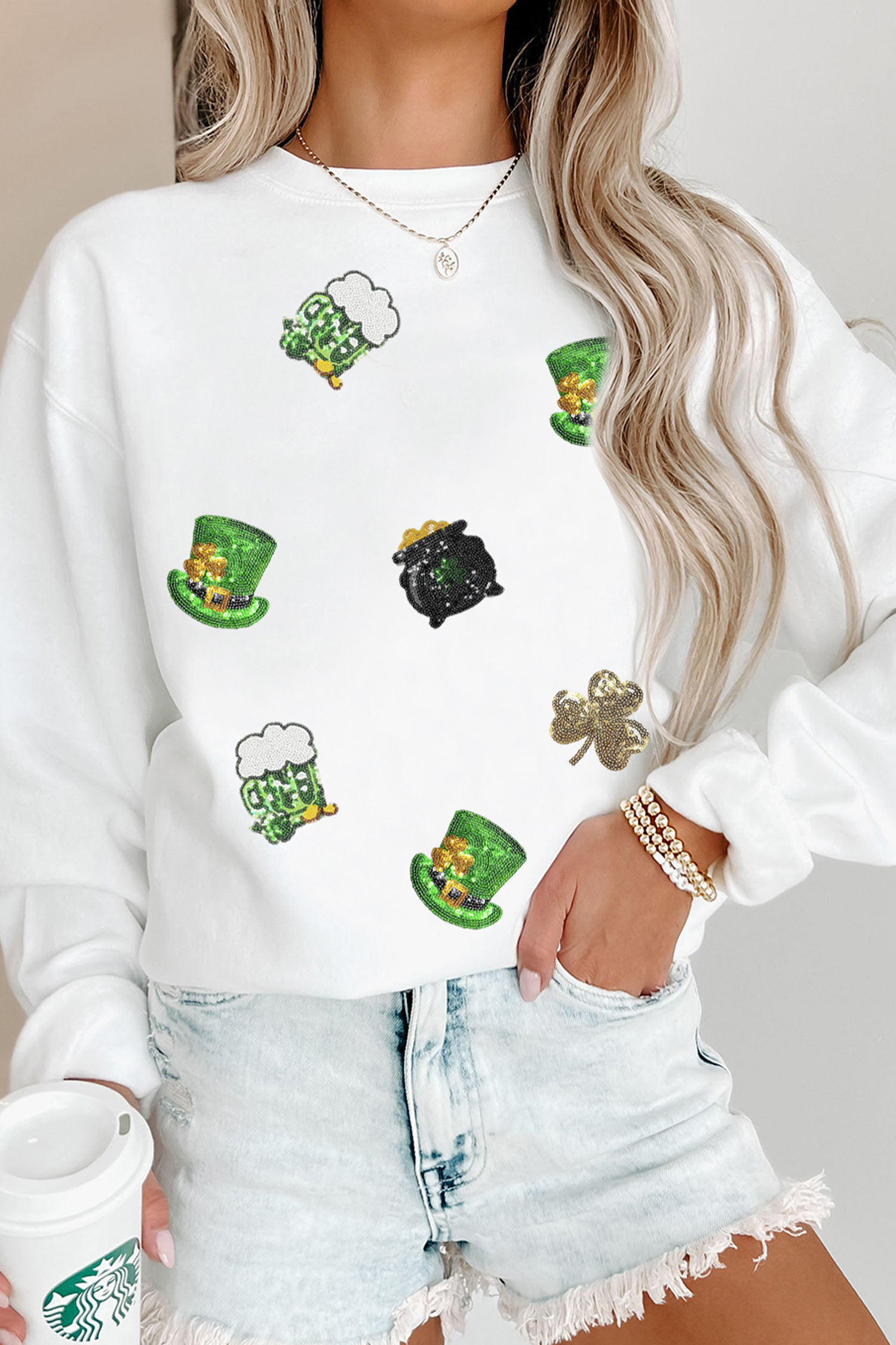 White Cheerful St Patricks Day Sequin Graphic Sweatshirt