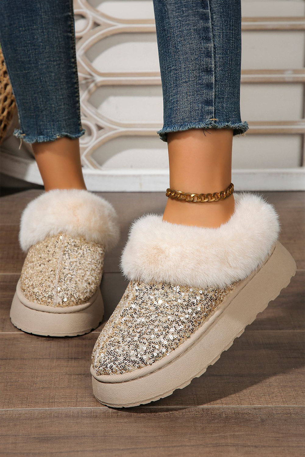 Gold Sequin Plush Lined Thick Sole Snow Boots