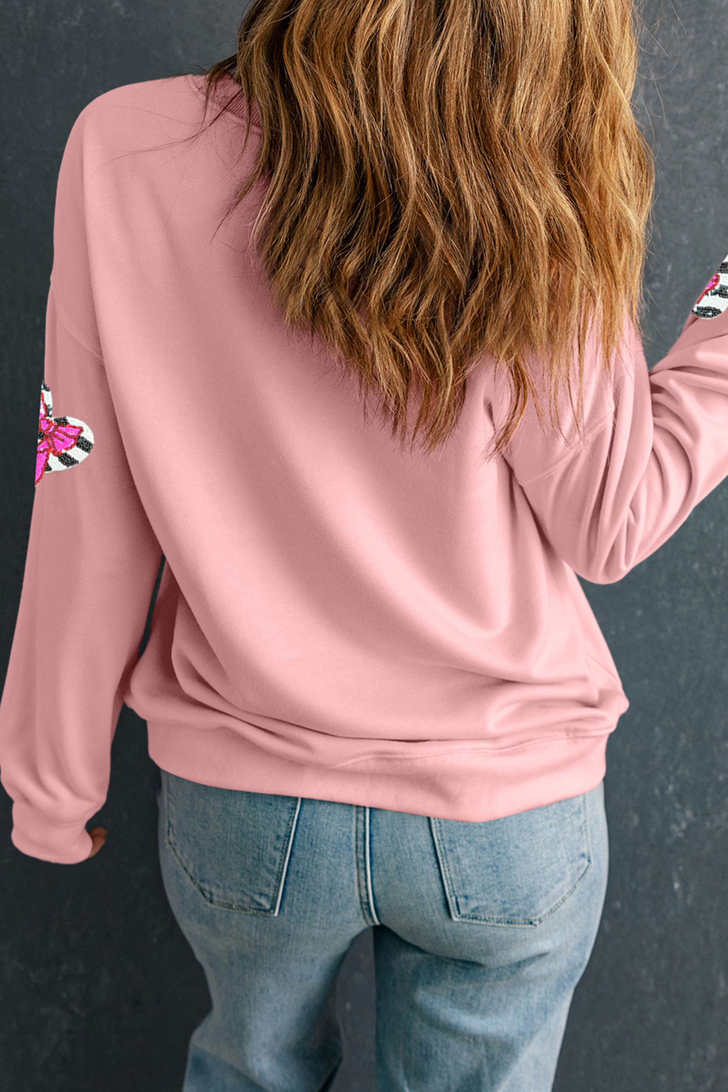 Pink Sequin Bow Striped Heart Dropped Shoulder Sweatshirt