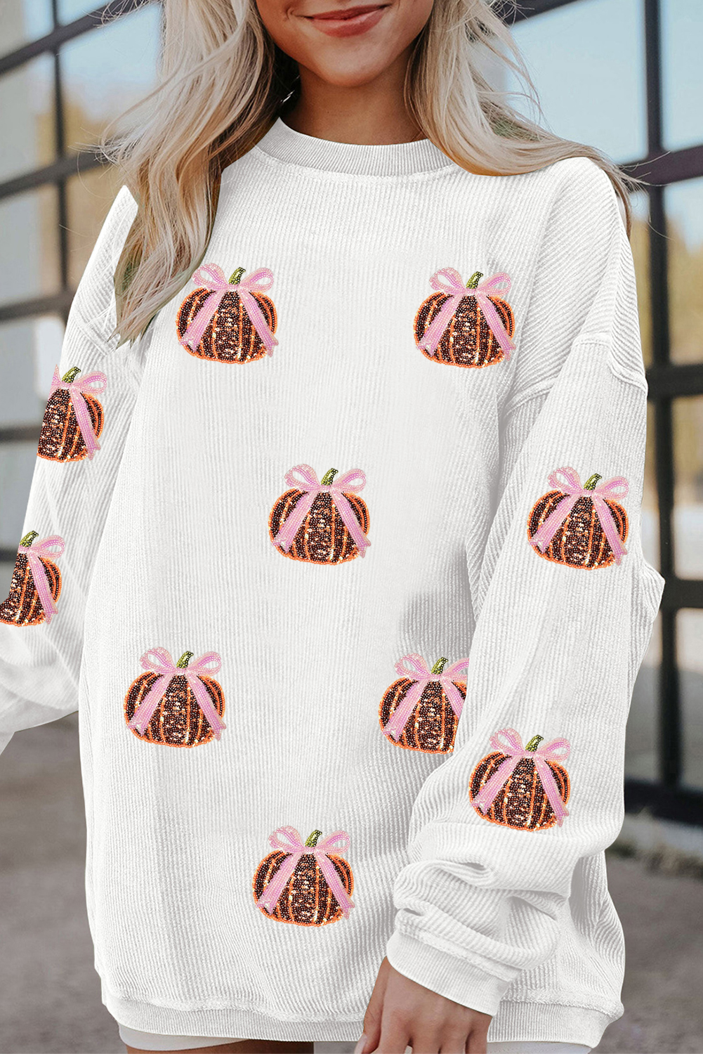 White Twisted Ribbed Sequin Bow Pumpkin Graphic Baggy Sweatshirt