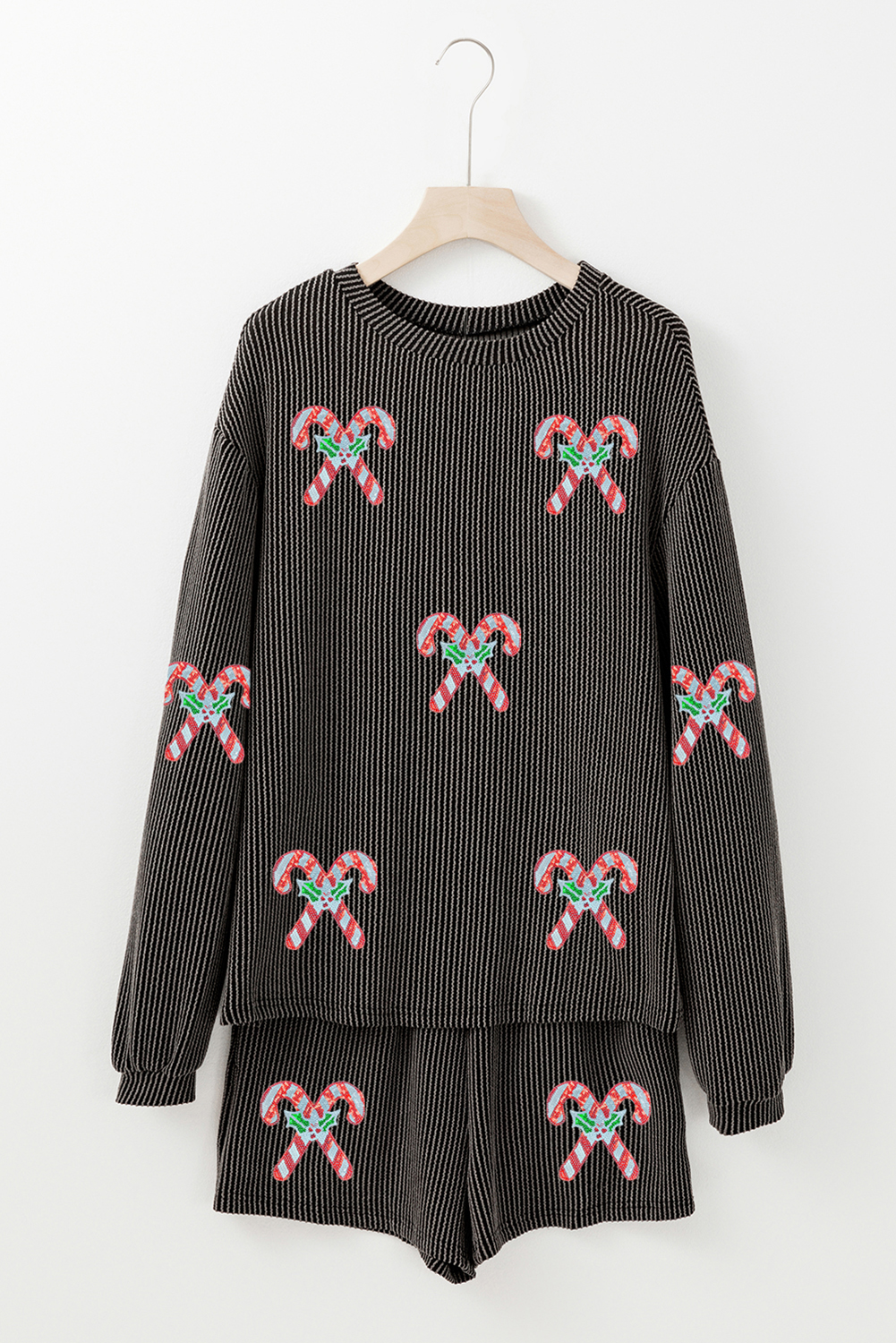 Carbon Grey Twisted Ribbed Sequin Holly Candy Cane Long Sleeve Top and Shorts 2pcs Outfit