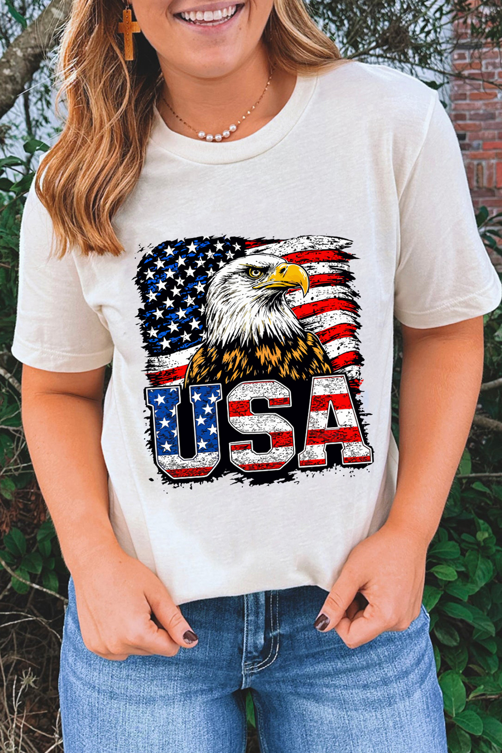 White USA Flag Eagle Graphic 4th July T Shirt