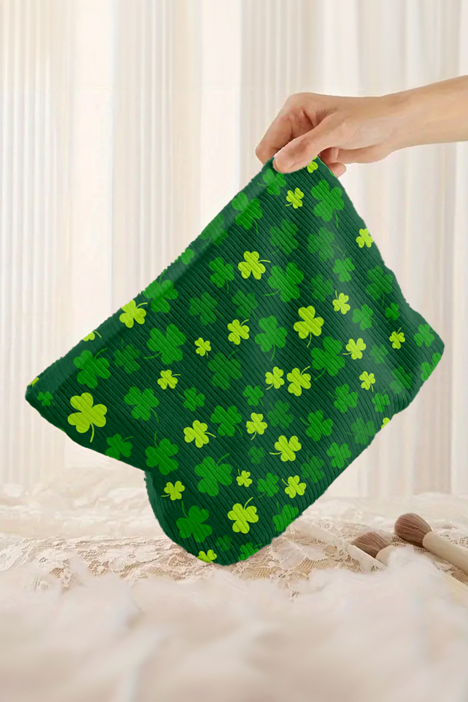 Blackish Green St Patricks Lucky Clover Printed Soft Ribbed Makeup Bag