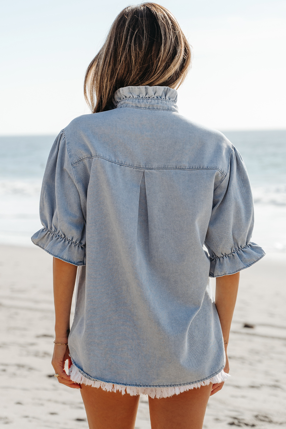 Beau Blue Ruffle Short Puff Sleeve Summer Chambray Shirt