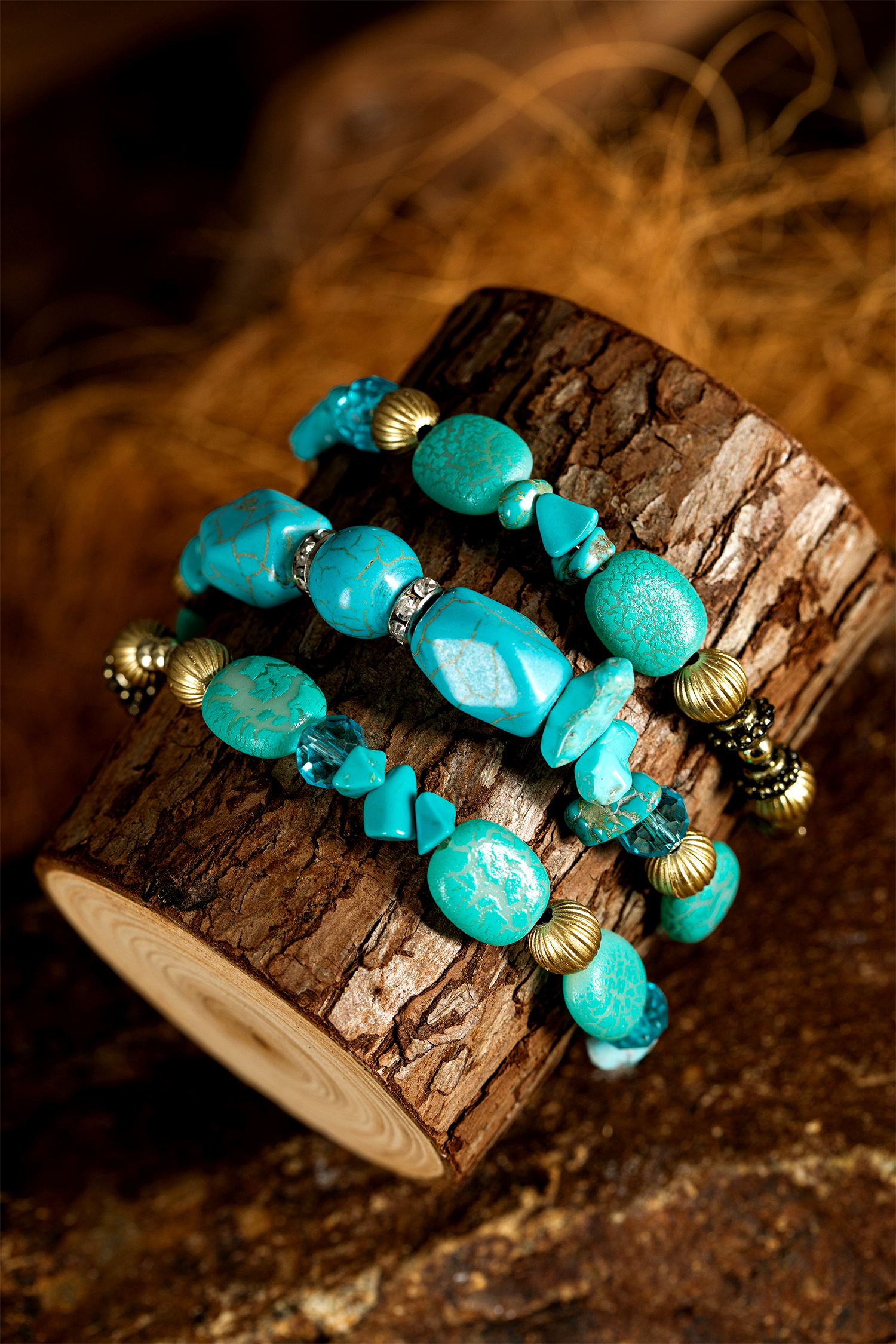 Turquoise Bohemian Style Crystal Stone Plated Bead Multi-Layer Winding Bracelet