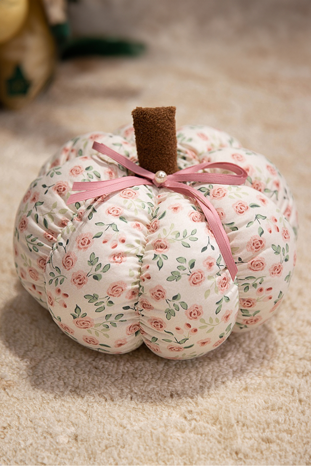Pink Floral Print Pearl Bow Decor Pumpkin Throw Pillow