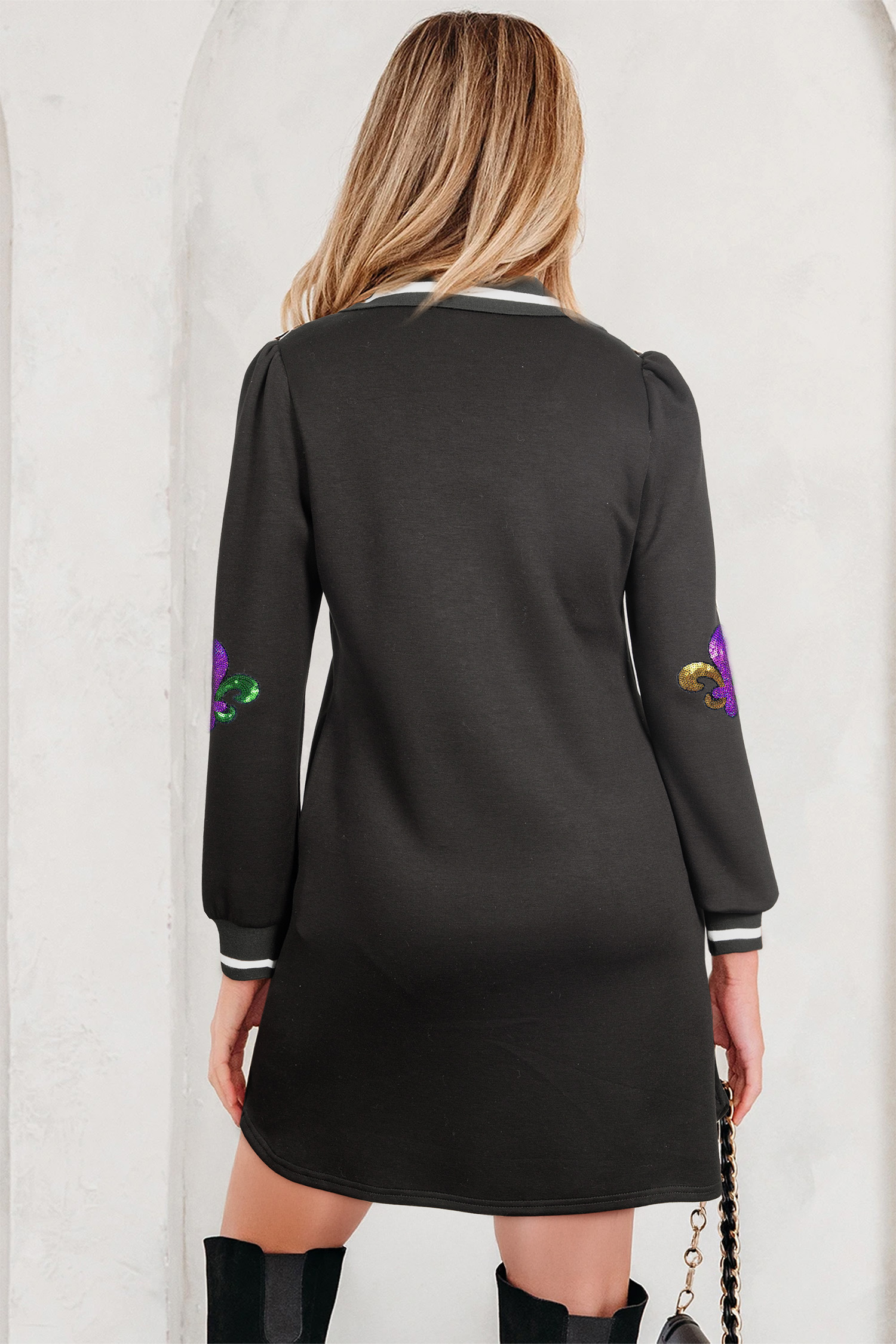 Black Sequin Fleur De Lis Mardi Striped Trim Collar Long Sleeve Mini Dress
