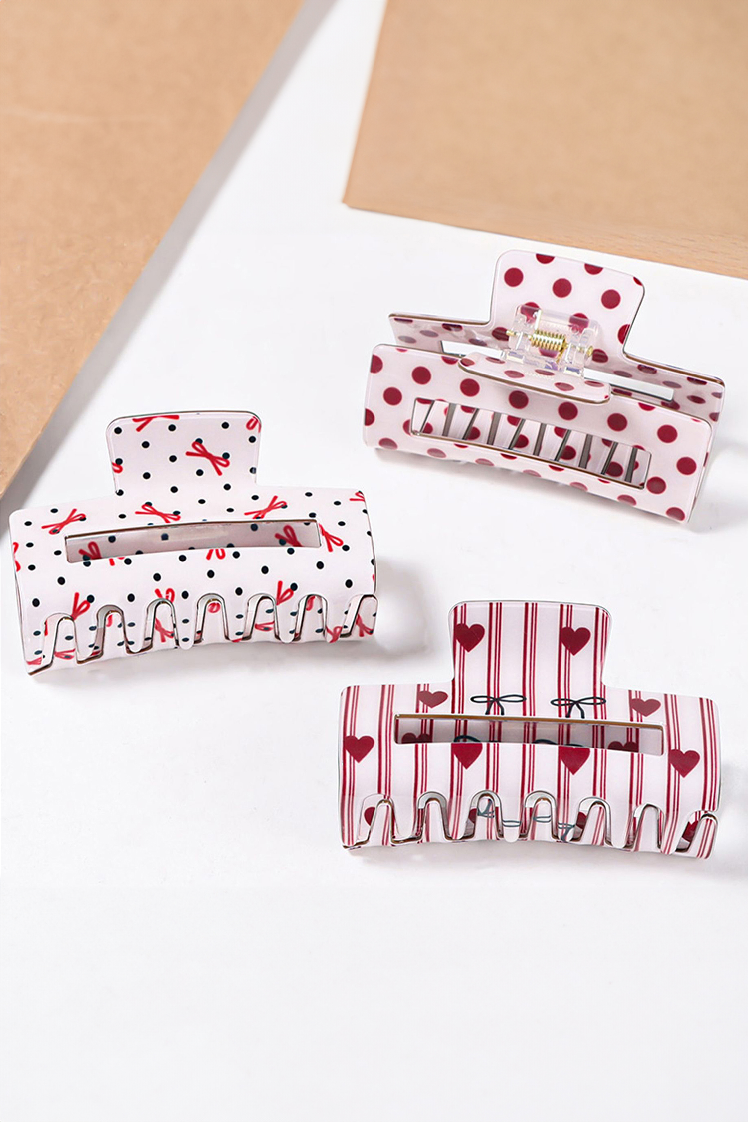 Fiery Red Striped Heart Contrast Bow Printed Rectangle Hair Claw Clip