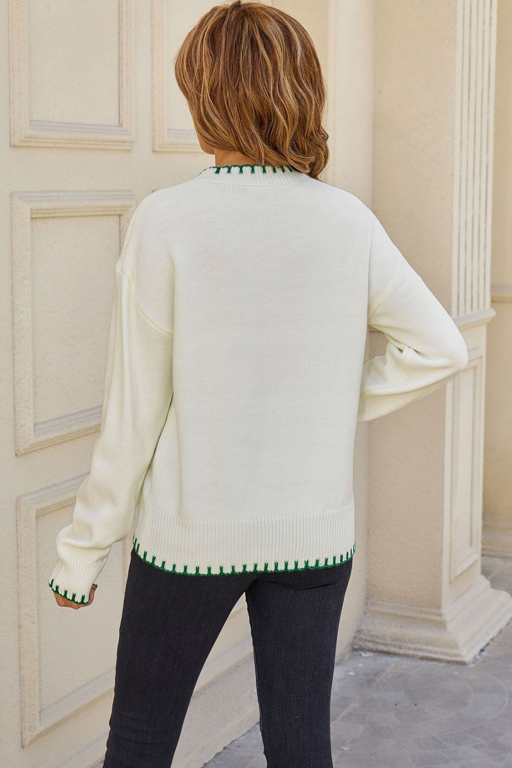 White Lemon Pattern Contrast Stitched Trim Drop Shoulder Sweater