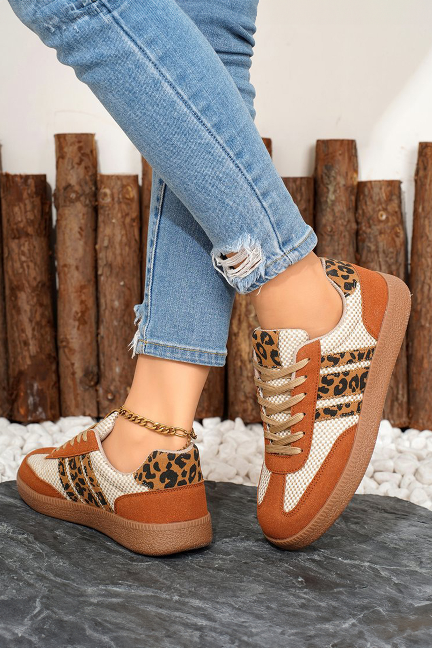 Buckskin Checkered Leopard Color Block Patchwork Lace Up Sneakers
