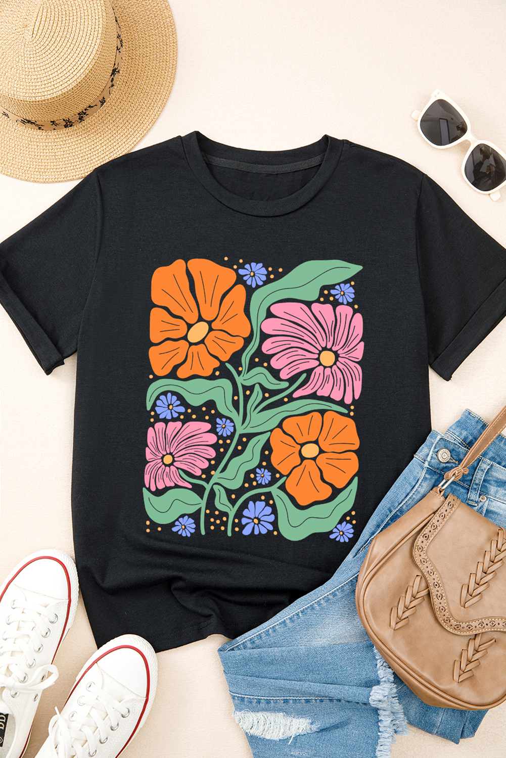 Black Colorful Flower Graphic Crewneck Summer Tee