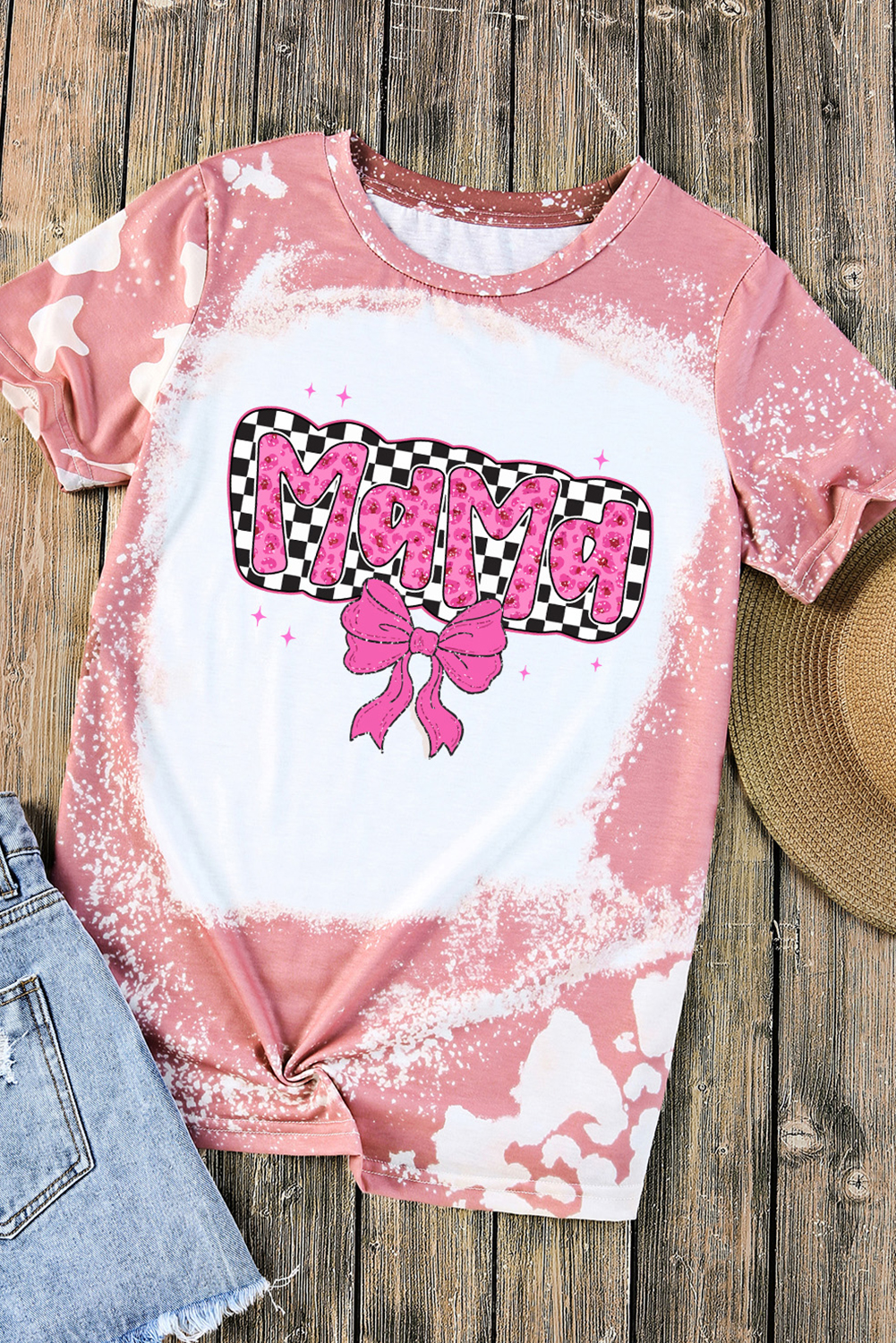 Pink Checkered Bow MAMA Graphic Tie-dye Tee