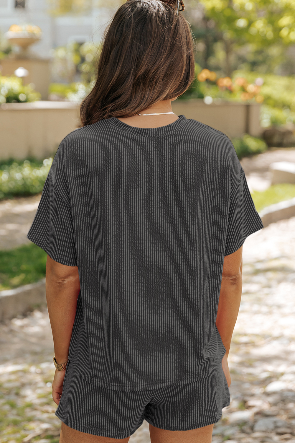 Carbon Grey Baseball Patched Twisted Rib T Shirt and Shorts Set
