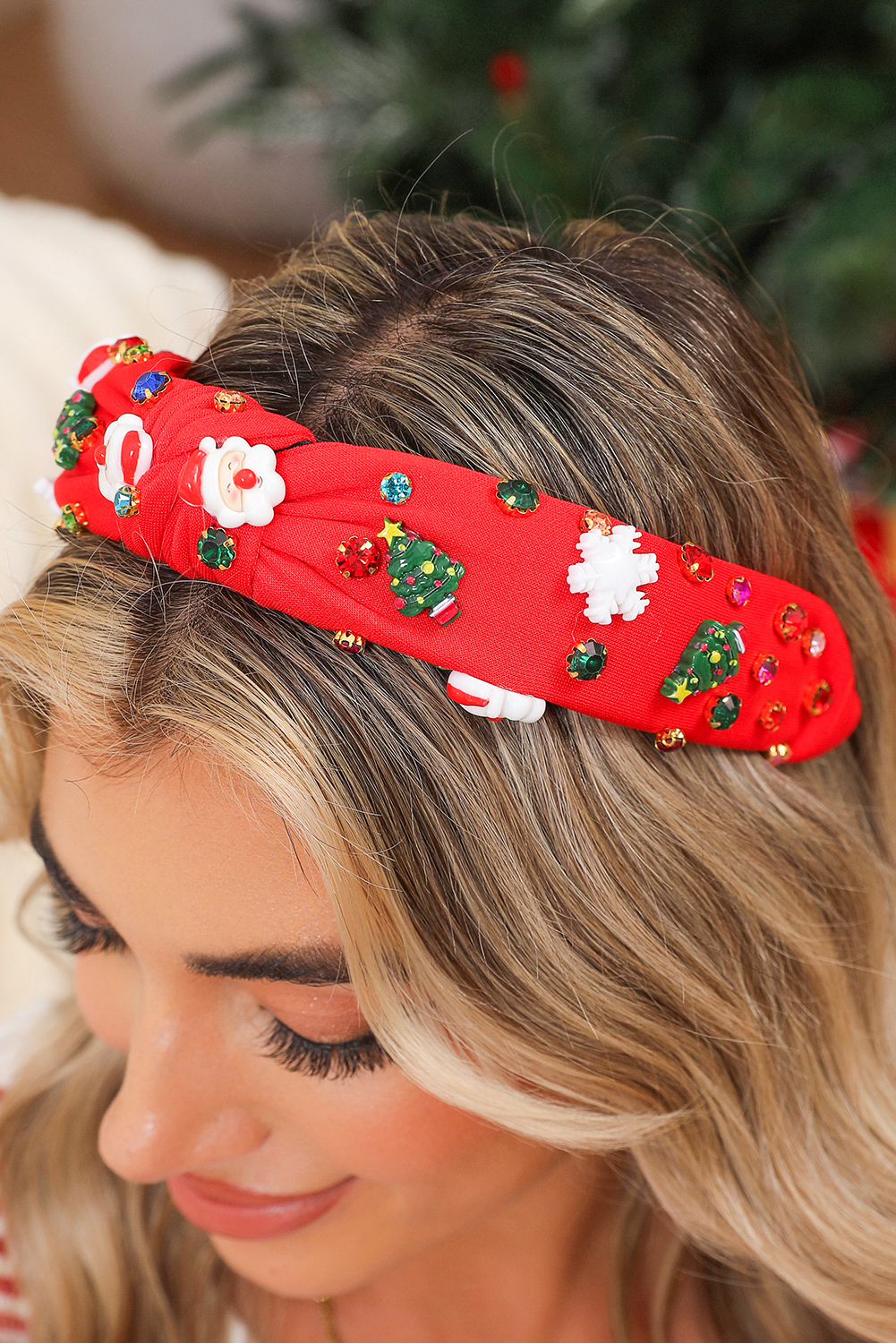 Fiery Red Cartoon Christmas Pattern Rhinestone Knotted Headband