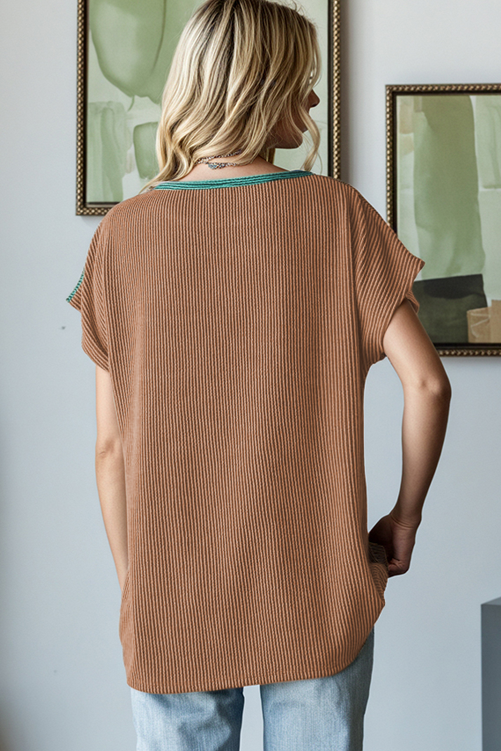 Chestnut Color Block Detail Twisted Rib Loose Tee