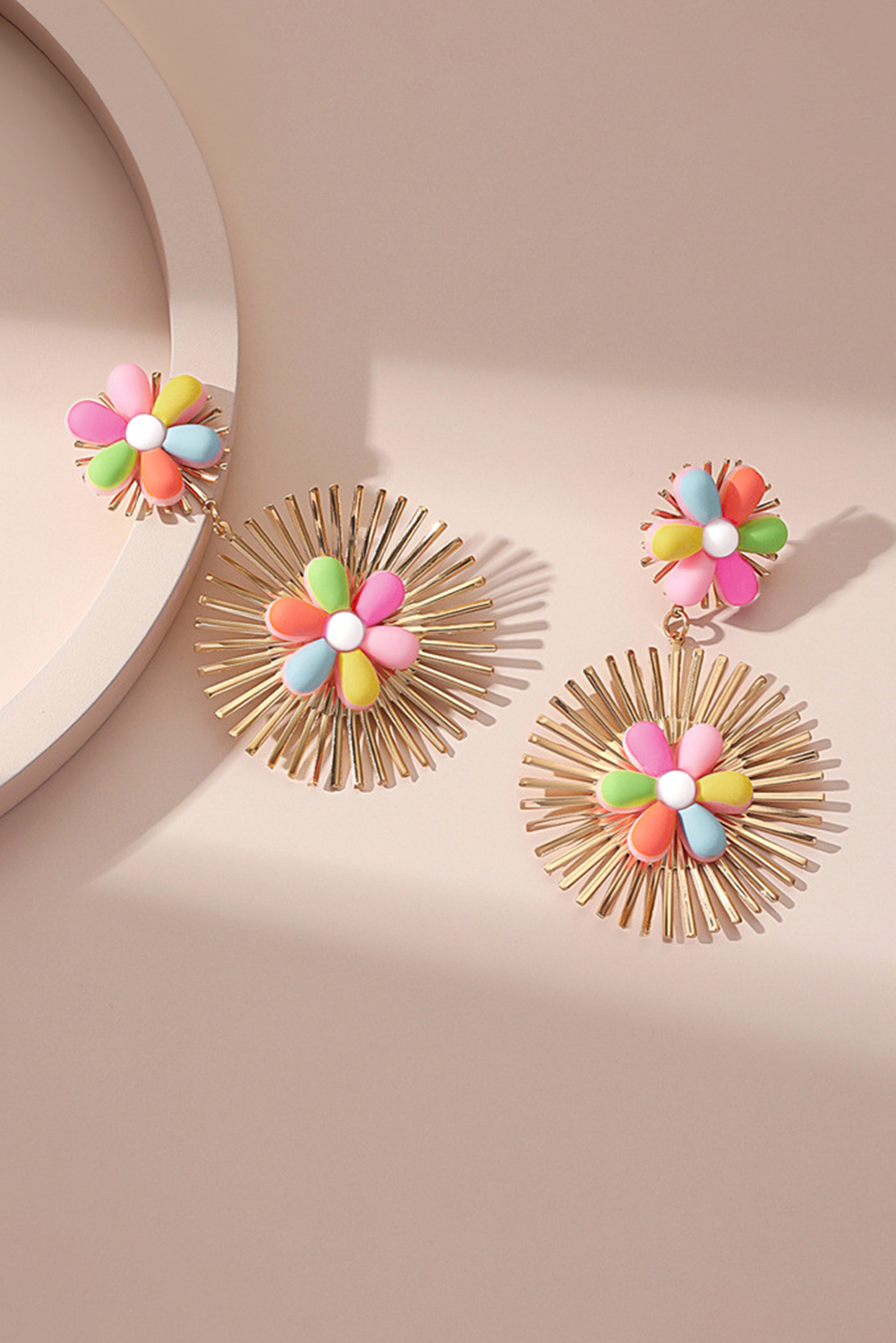 Red Colorful Flower Gold-pleated Dangle Earrings