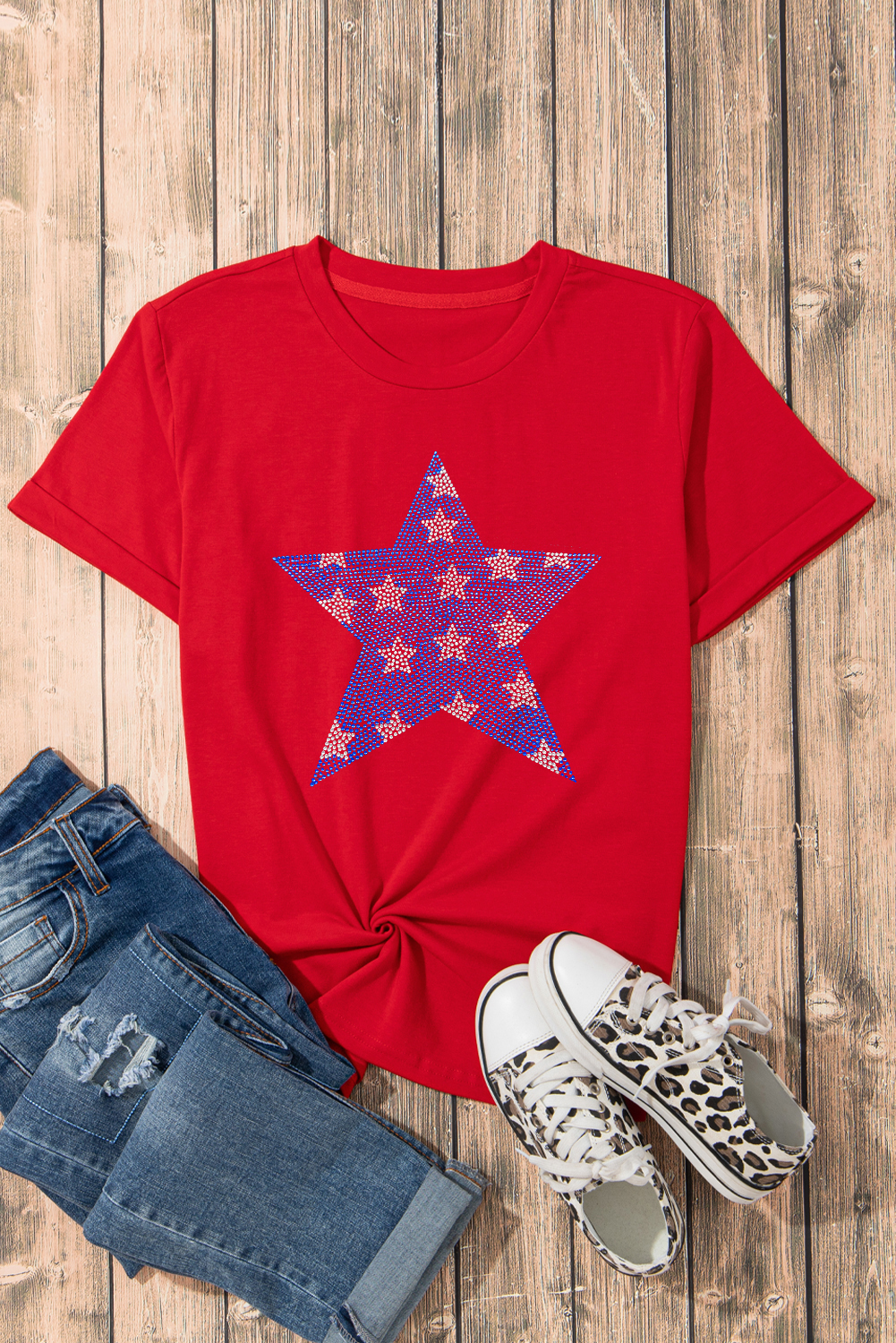 Red Rhinestone Star Pattern Independent Day T Shirt