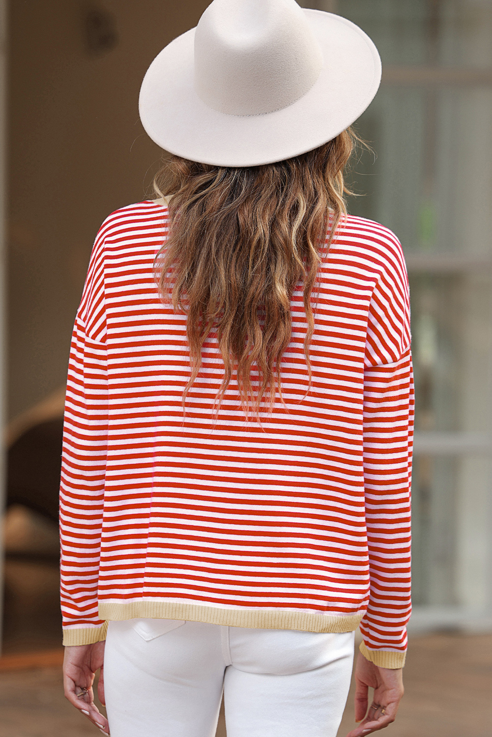 Fiery Red Striped Contrast Trimmed Drop Shoulder Sweater