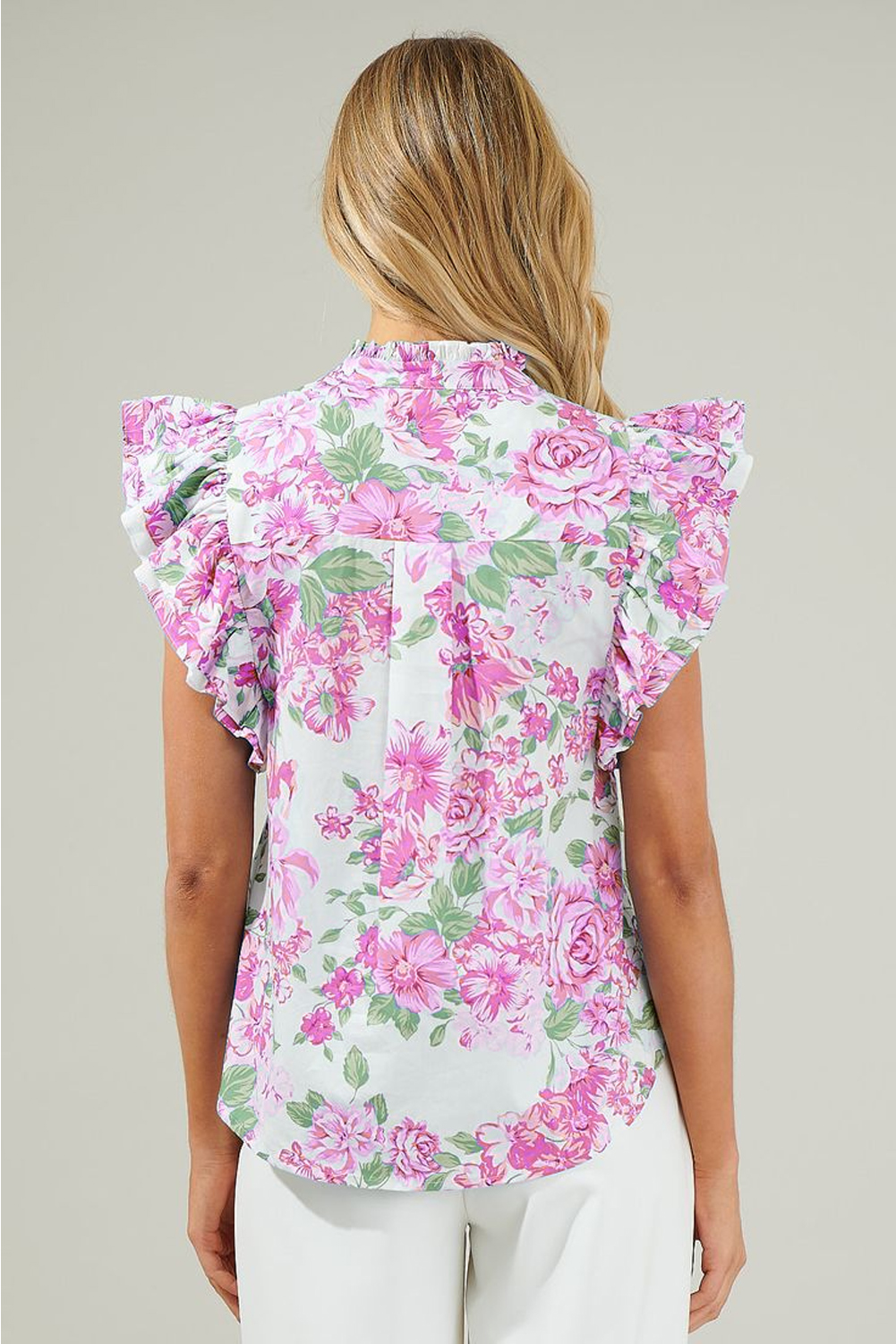Pink Floral Print Ruffle Sleeve Frilly Button Up Shirt