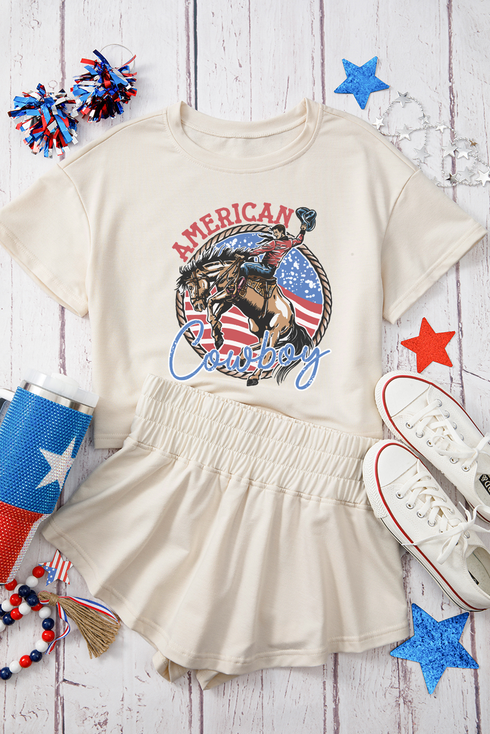 Beige American Cowboy Western Graphic Tee and Ruffle Skort 2pcs Set
