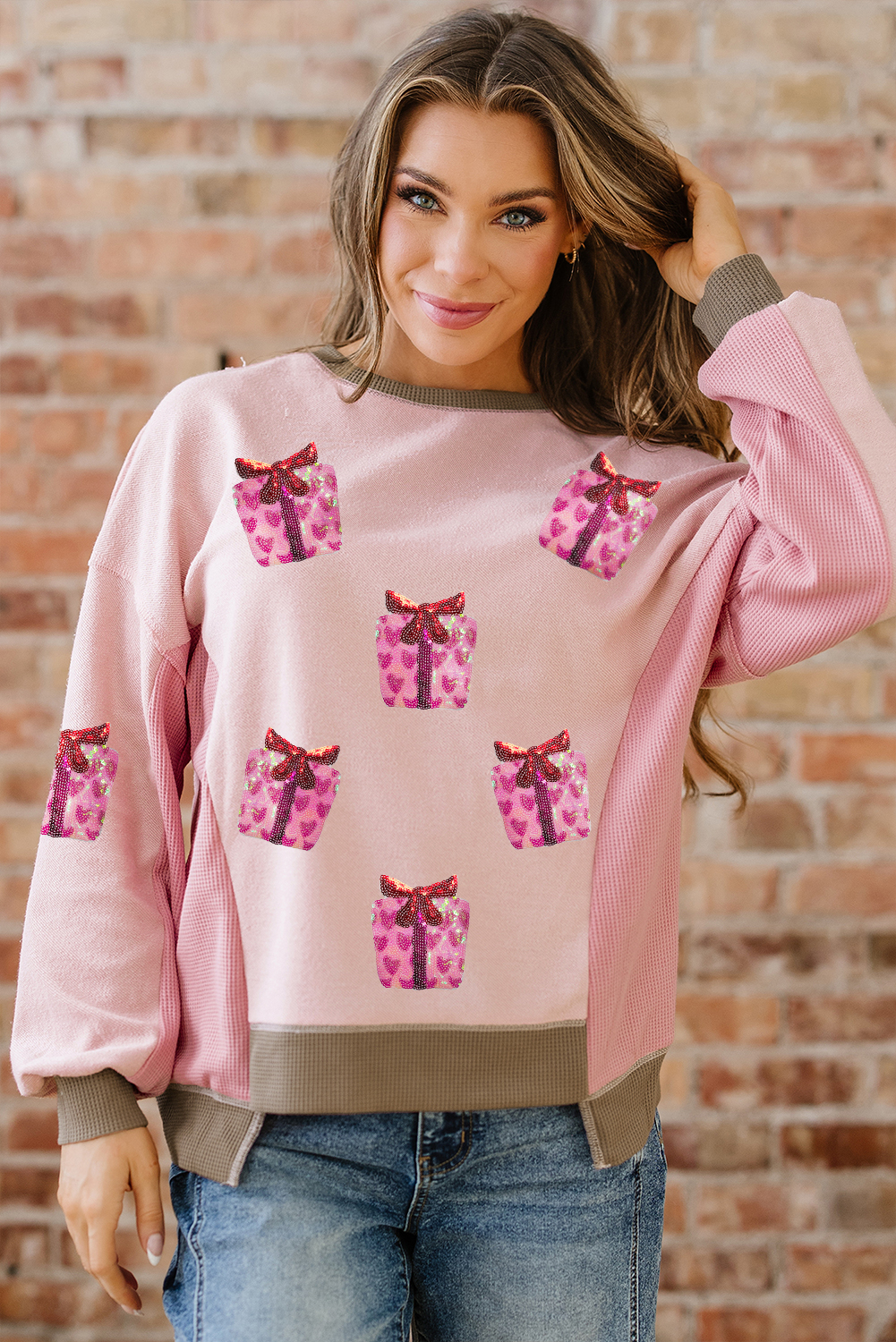 Light Pink Sequin Valentines Heart Gift Box Waffle Color Block Patchwork Sweatshirt