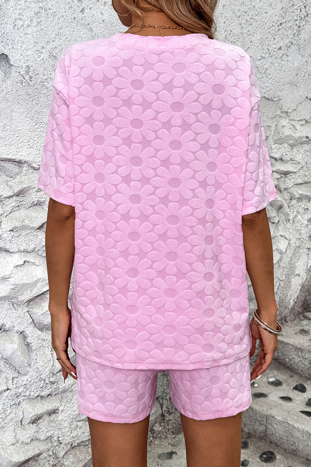 Pink Flower Embossed Texture Short 2pcs Outfit