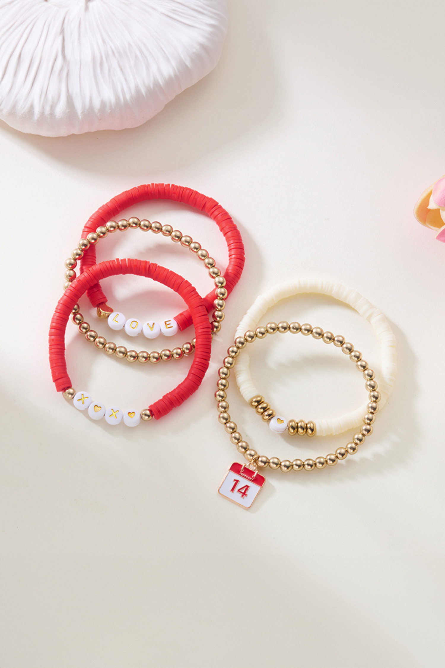 Gold Valentines Day Mixed Beads 5pcs Bracelet Set