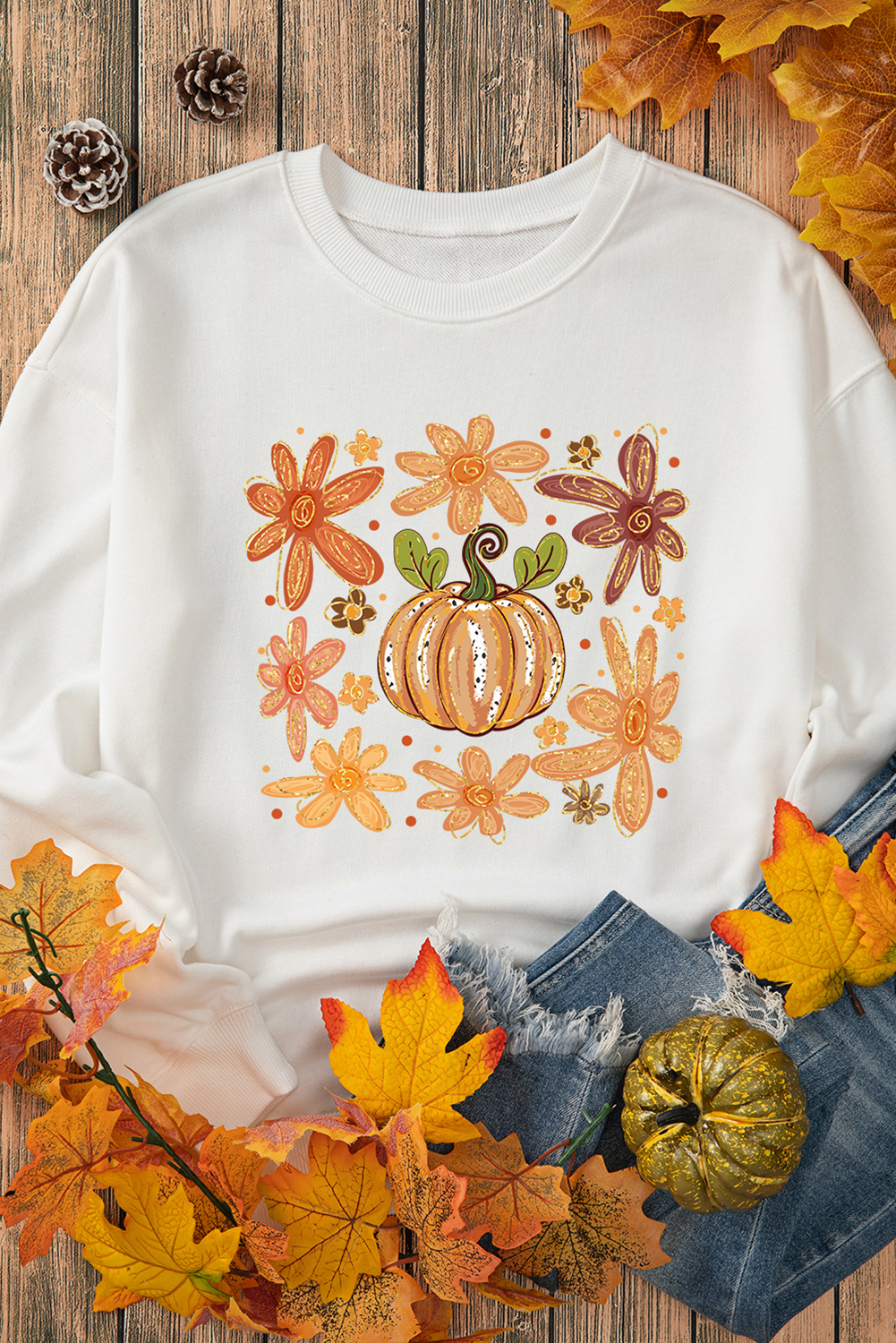 White Flower Pumpkin Printed Cotton Blend Sweatshirt