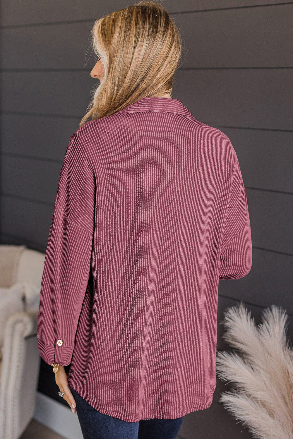 Fiery Red Pink Roll Tab Sleeve Ribbed Cording Shacket