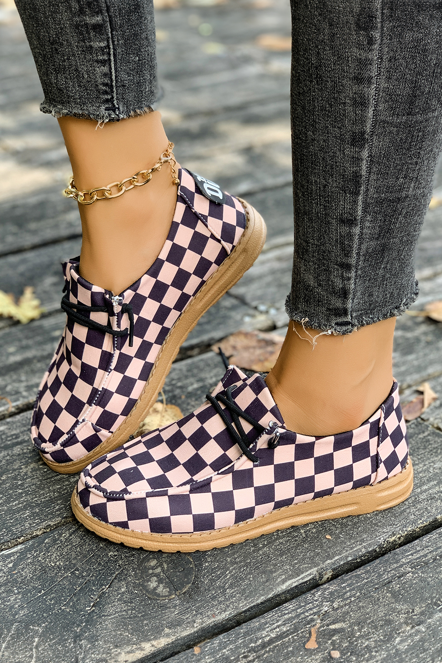 Dark Brown Checkered Print PU Leather Lace Up Detail Flat Shoes
