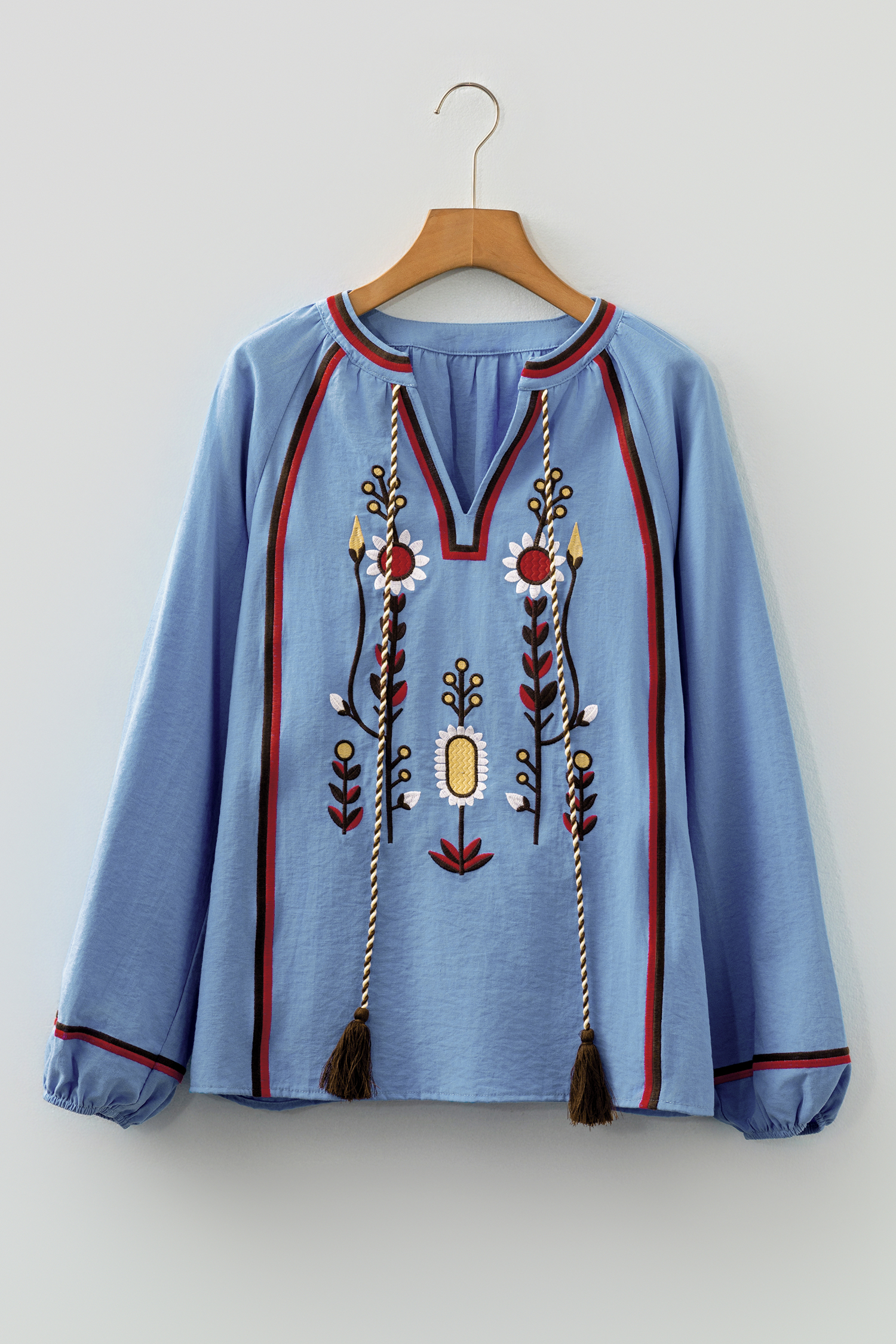 Real Teal Floral Embroidered Split Neck Tassel Tie Puff Sleeve Blouse