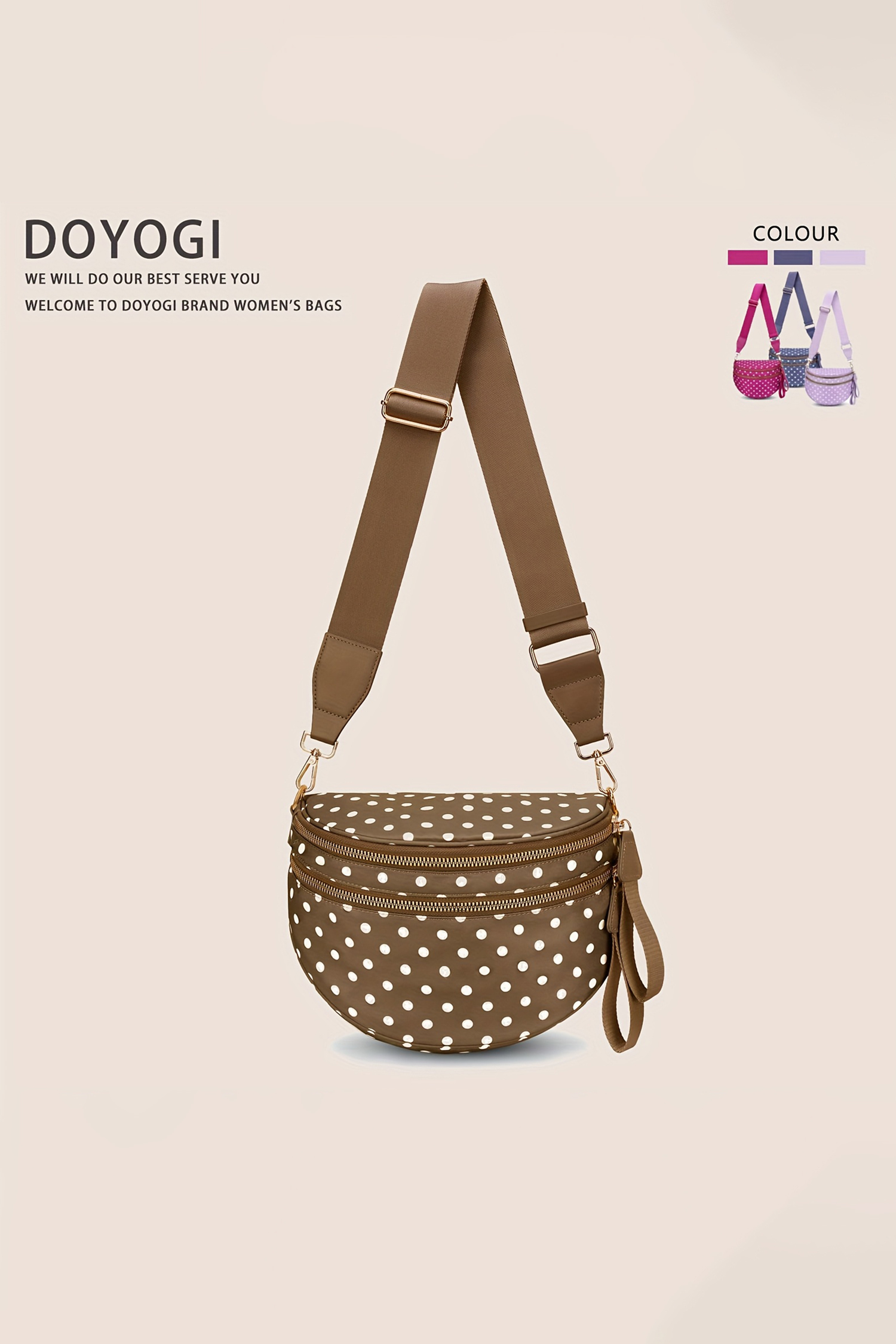 Camel Polka Dot Print Gold Chain Strap Double Zipper Crossbody Bag