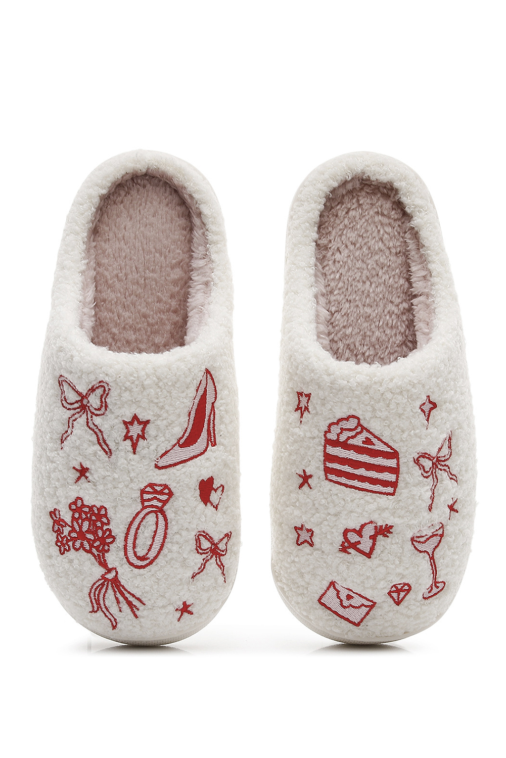 Fiery Red Plush Asymmetric Wedding Doodles Embroidered Slippers