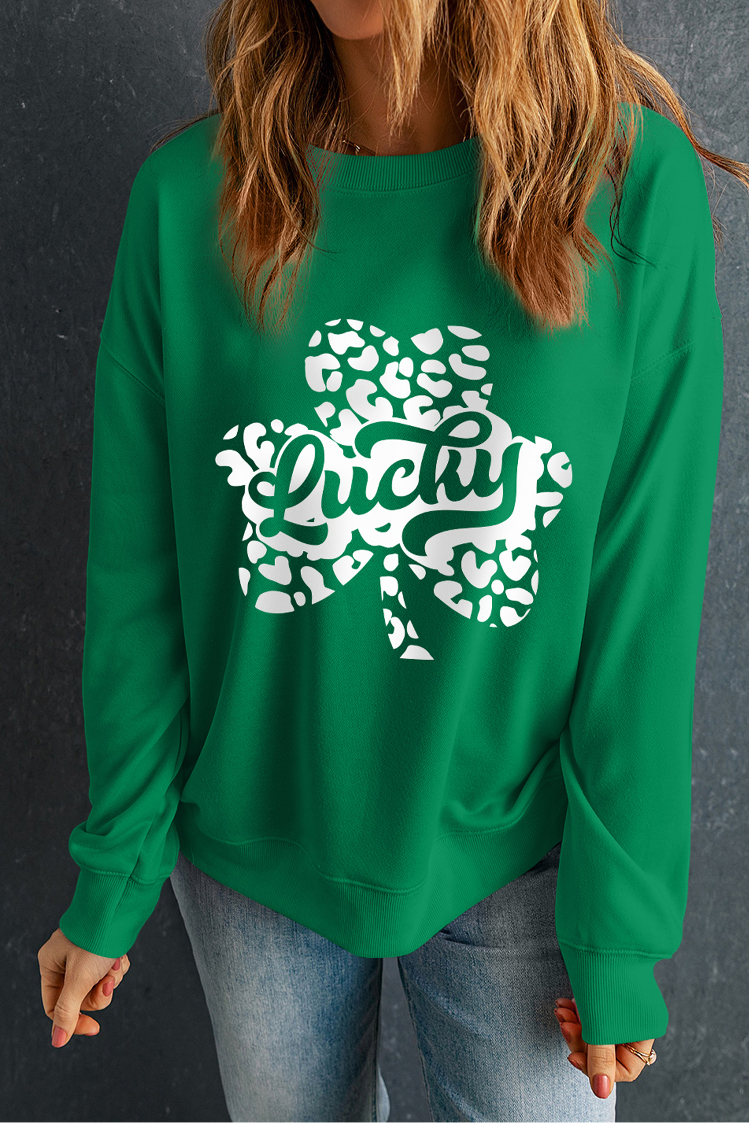 Dark Green Lucky Leopard Clover Dropped Shoulder Sweatshirt