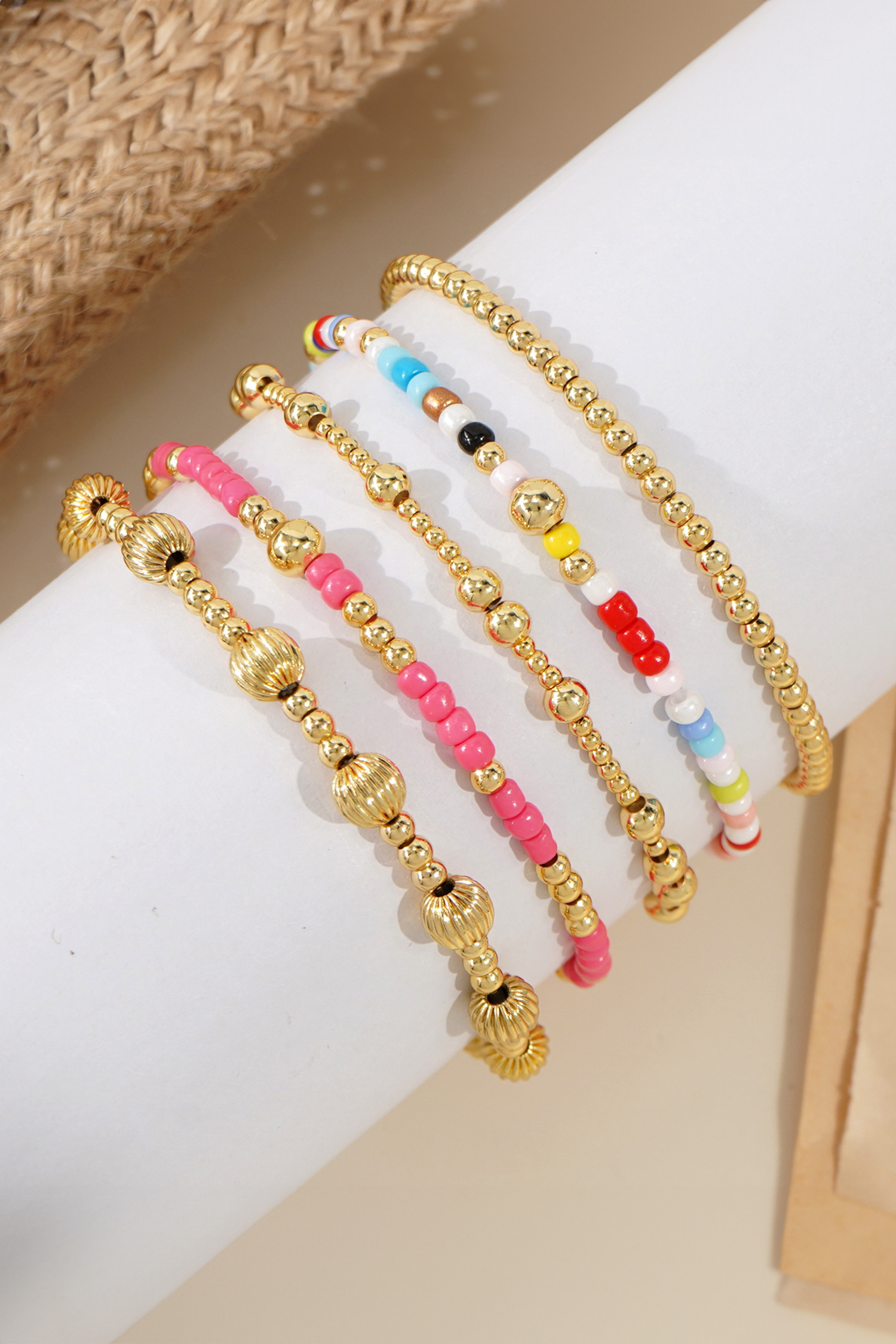 Gold 5pcs Vibrant Beading Stackable Elastic Bracelet Set