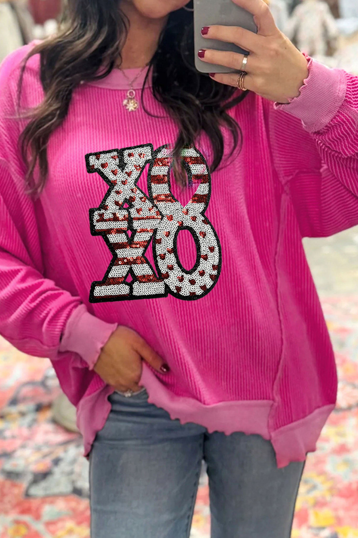 Strawberry Pink Twisted Ribbed Color Block Patchwork Sequin XOXO Letter Graphic Pullover Top