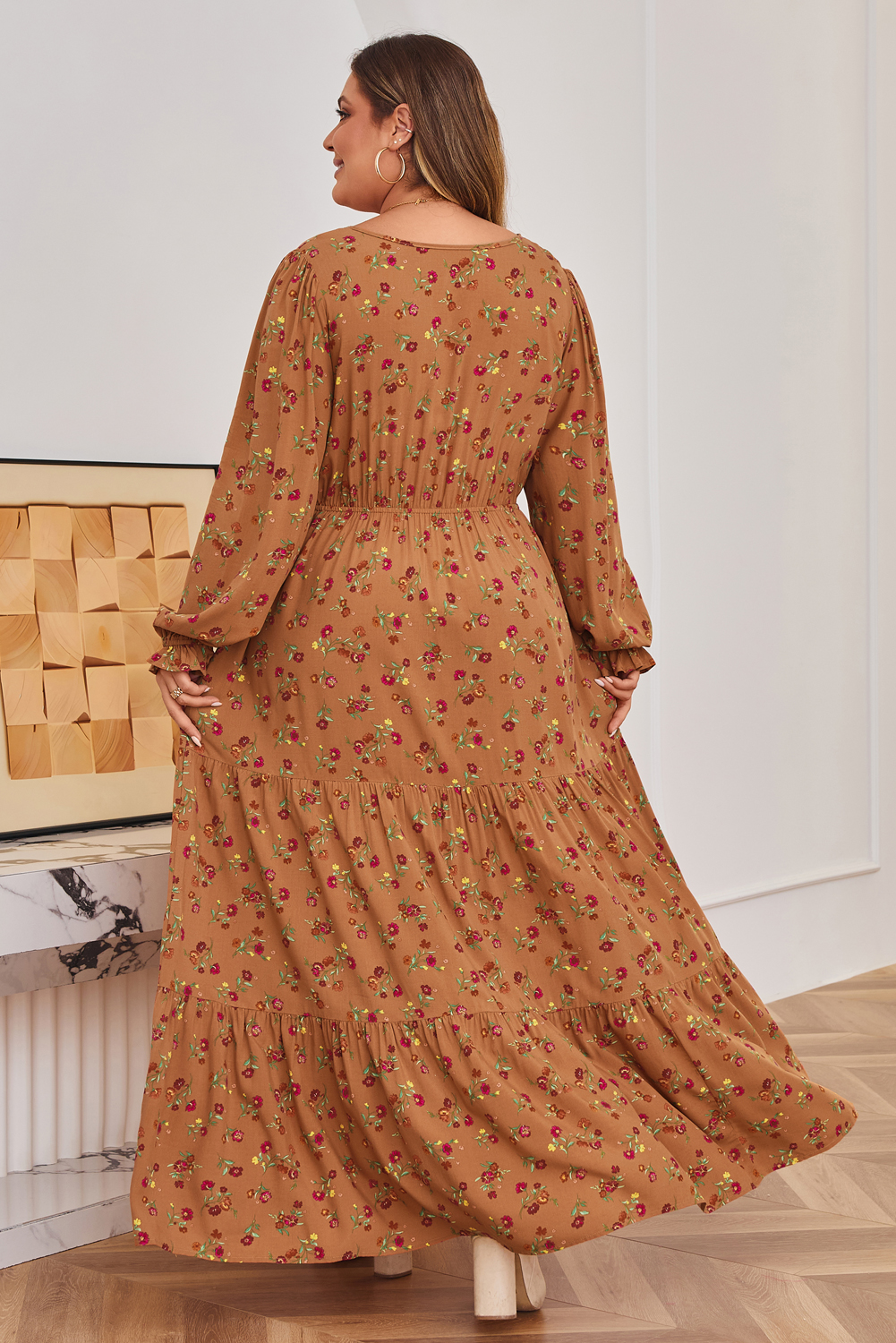Brown Plus Size Floral Split V Neck Ruffled Sleeve Tiered Maxi Dress