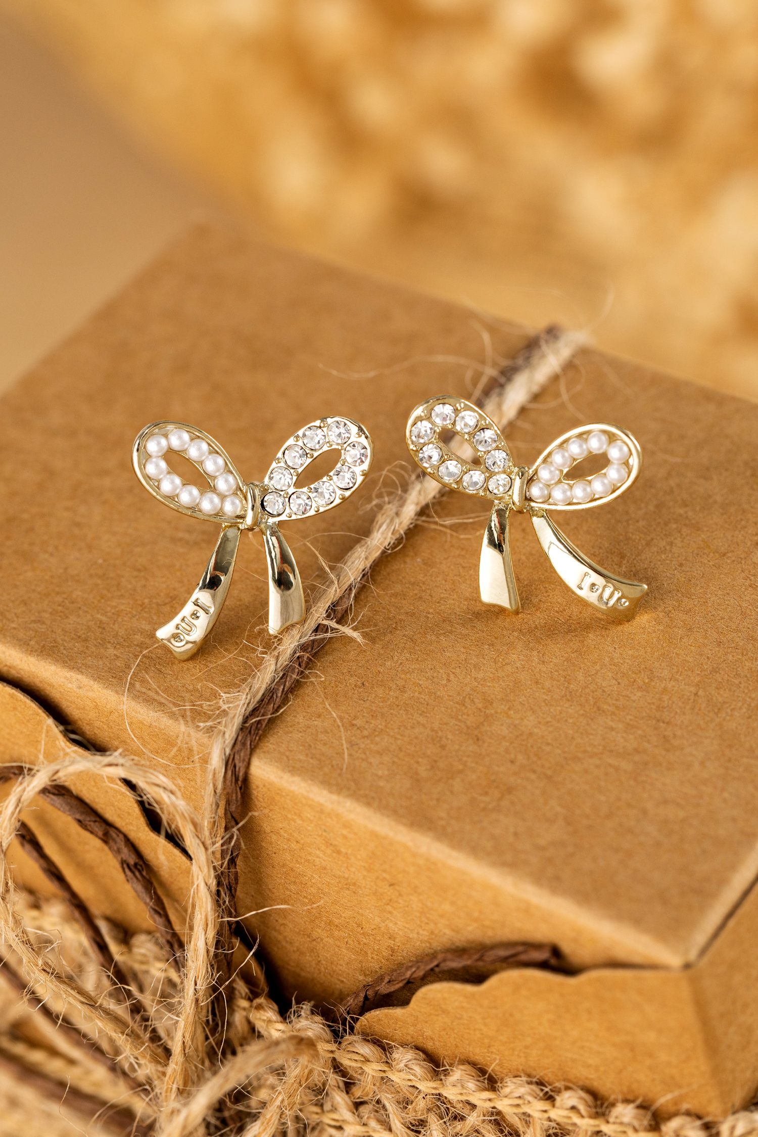 Gold Rhinestone Pearl Bow Earrings