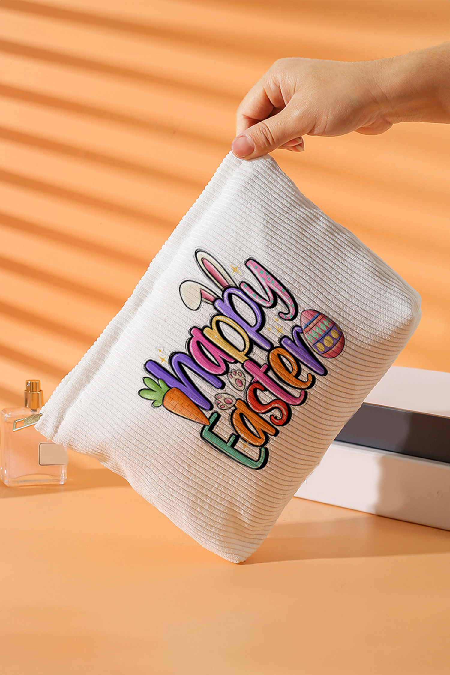White Happy Easter Playful Printed Corduroy Makeup Bag