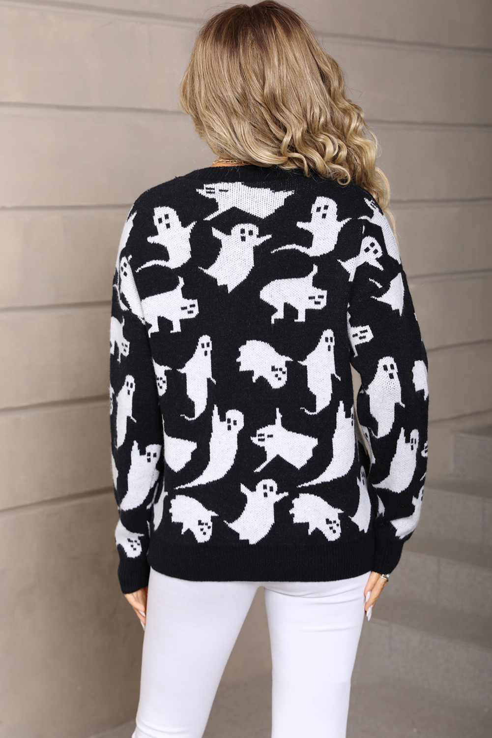 Black Halloween Ghost Allover Drop Shoulder Holiday Sweater