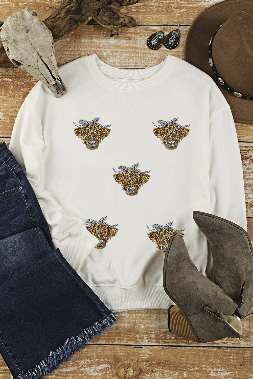 White Sequin Heifer Patched Drop Shoulder Sweatshirt