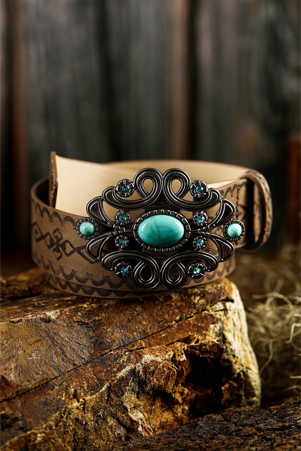 Chestnut Western Floral PU Leather Turquoise Metal Hardware Waist Belt