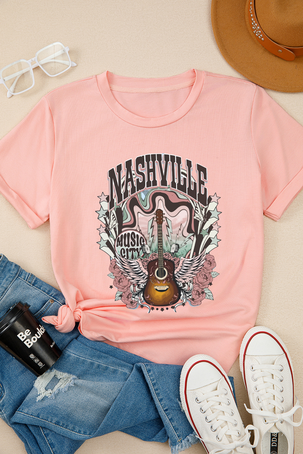 Pink NASHVILLE MUSIC CITY Guitar Graphic T Shirt