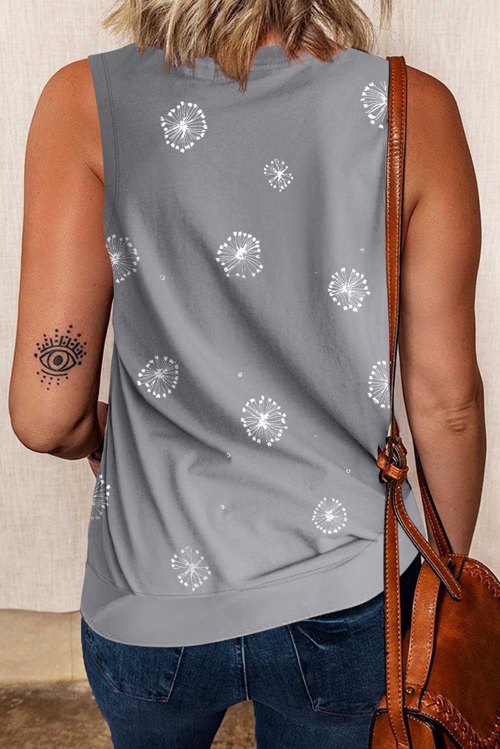 Gray Floral Print Knit Tank with Slits