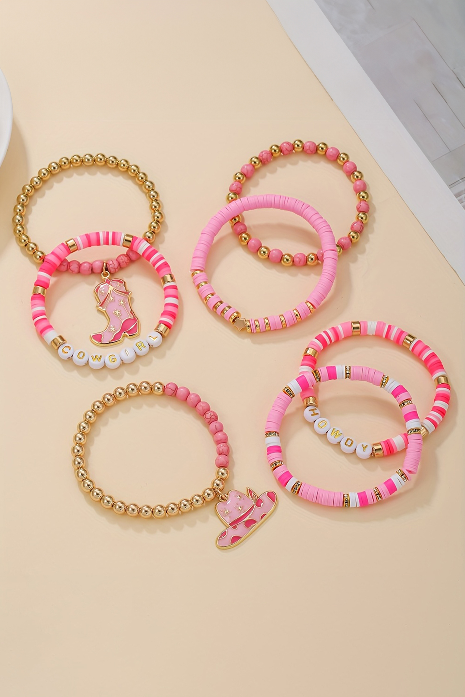 Pink 7pcs HOWDY COWGIRL Hat Boot Beaded Stretch Bracelet Set