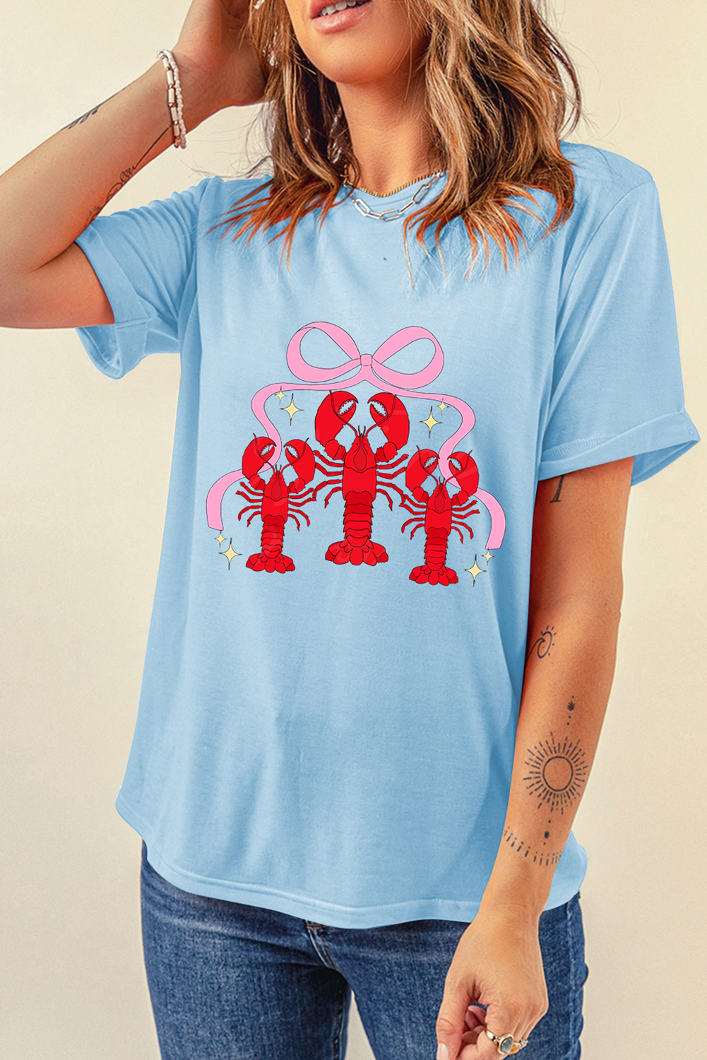 Light Blue Bow Crawfish Printed Relaxed Fit T Shirt