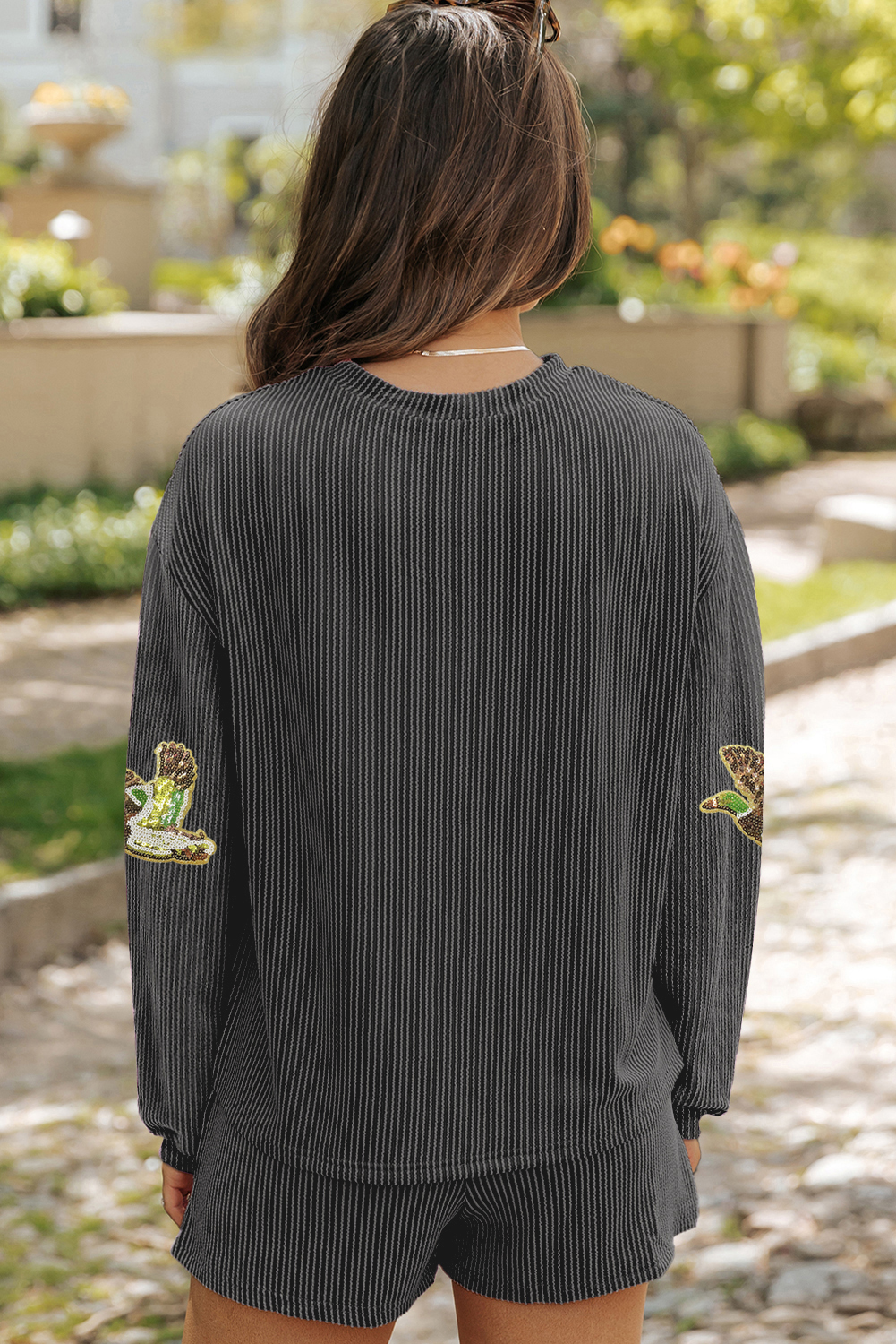 Carbon Grey Ribbed Long Sleeve Top and Shorts Flying Mallard Sequin Patched Graphic Set